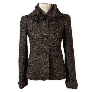 Lafayette 148 Women's 0 Ruffled Collar Jacket Brown Boucle Tweed Academia Preppy